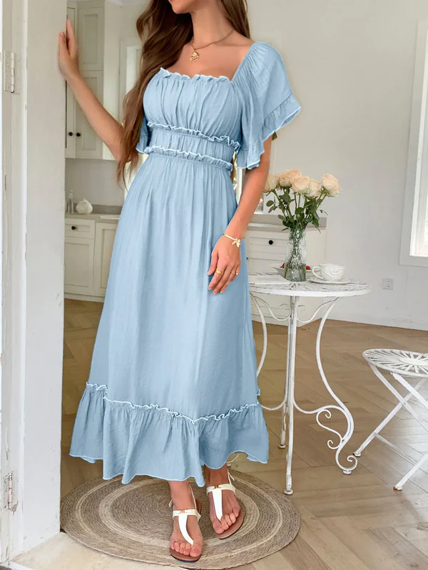 Square Neck Puff Sleeve Ruffle Trim Maxi Dress