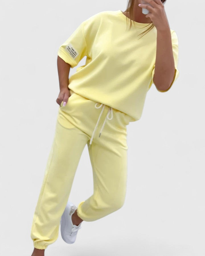 Casual women's clothing, including a plain-colored top and pants