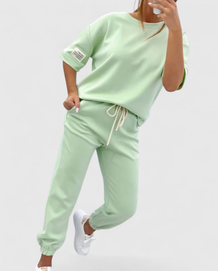 Casual women's clothing, including a plain-colored top and pants